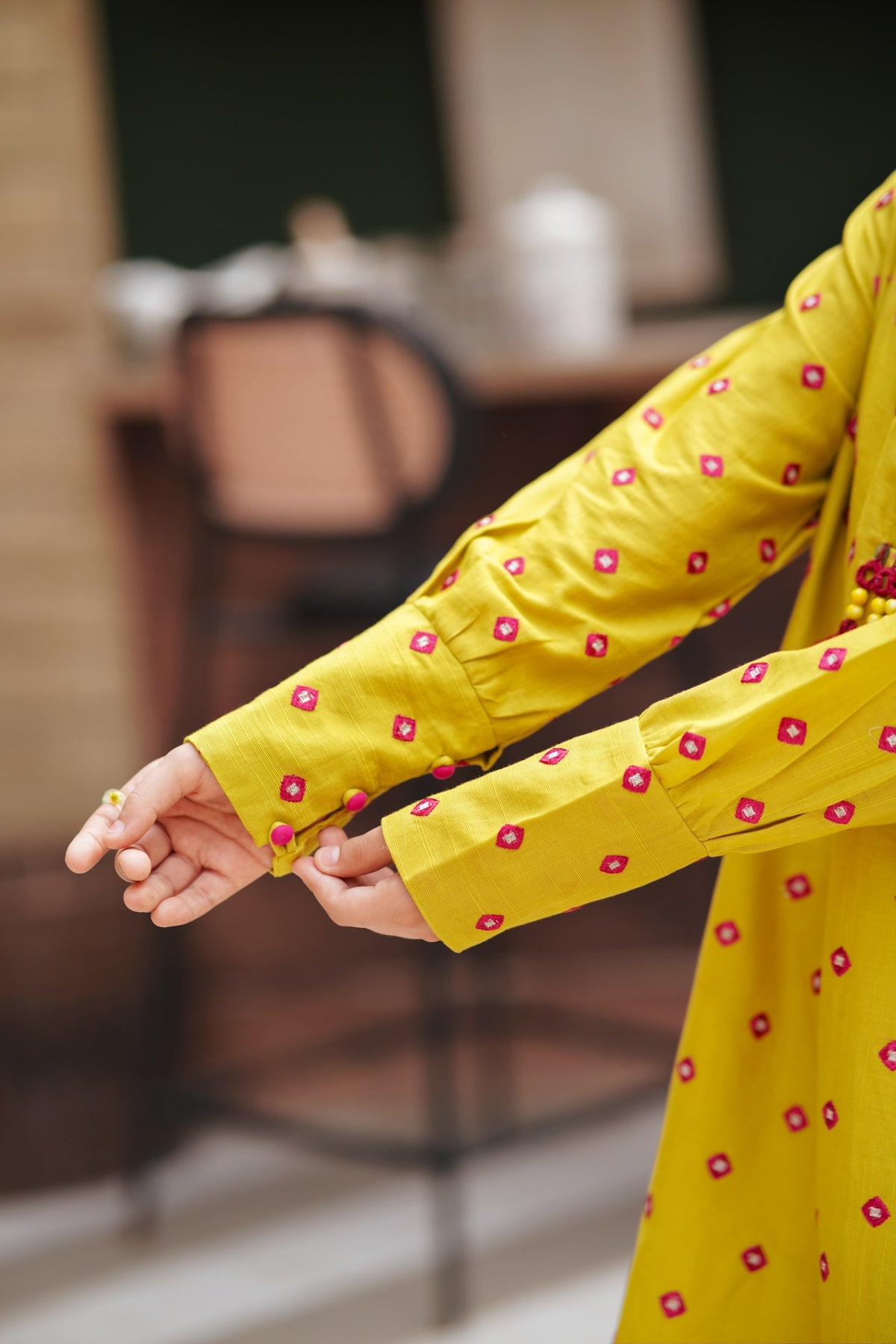Lily girls yellow kurta sleeve with pink and white geometric embroidery, buttoned cuffs, and soft breathable fabric
