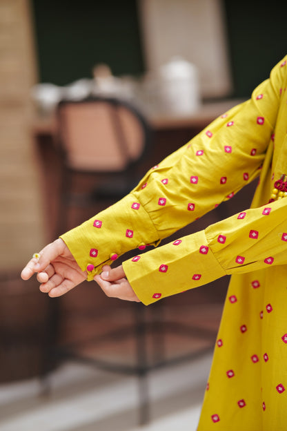 Lily girls yellow kurta sleeve with pink and white geometric embroidery, buttoned cuffs, and soft breathable fabric