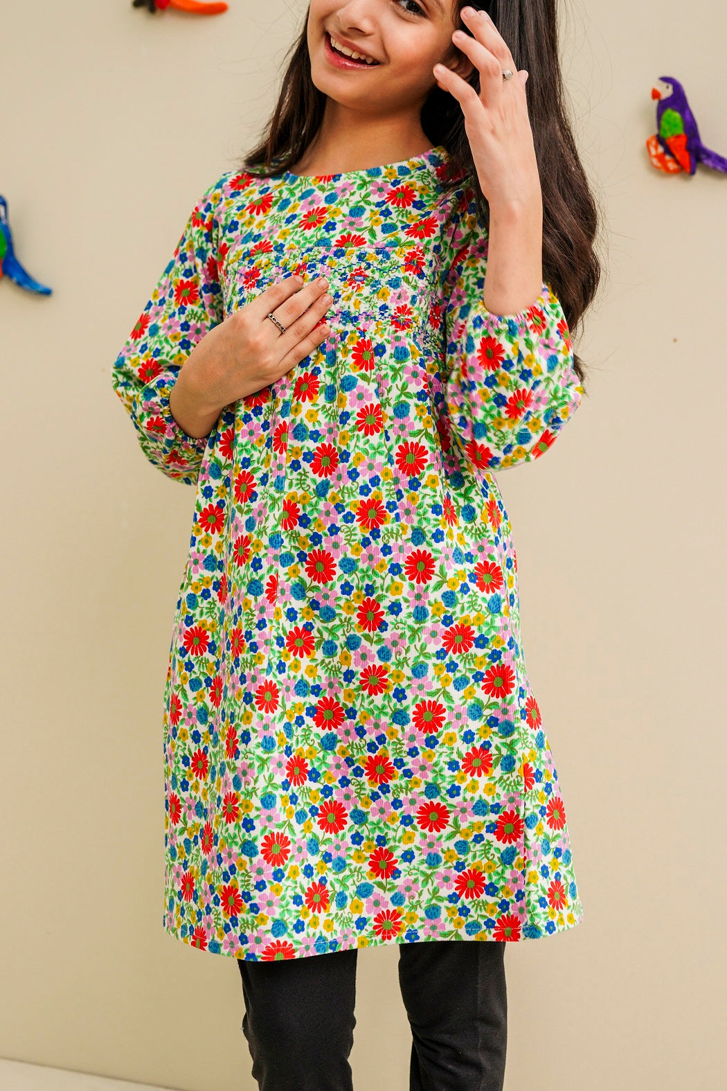 Multi Floral Corduroy Frock - Lily