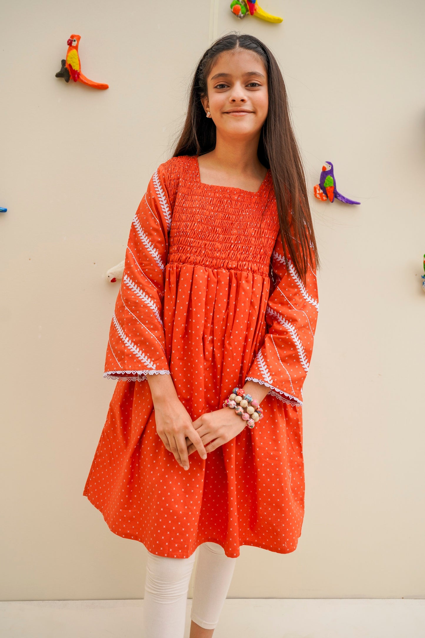 embroidered sleeves orange frock