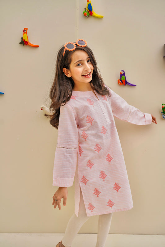 pink kurti with embroidered front