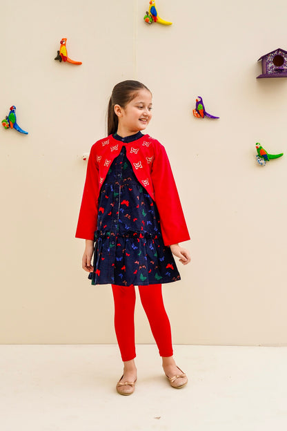 Corduroy Frock With Red Embroidered Shrug - Lily